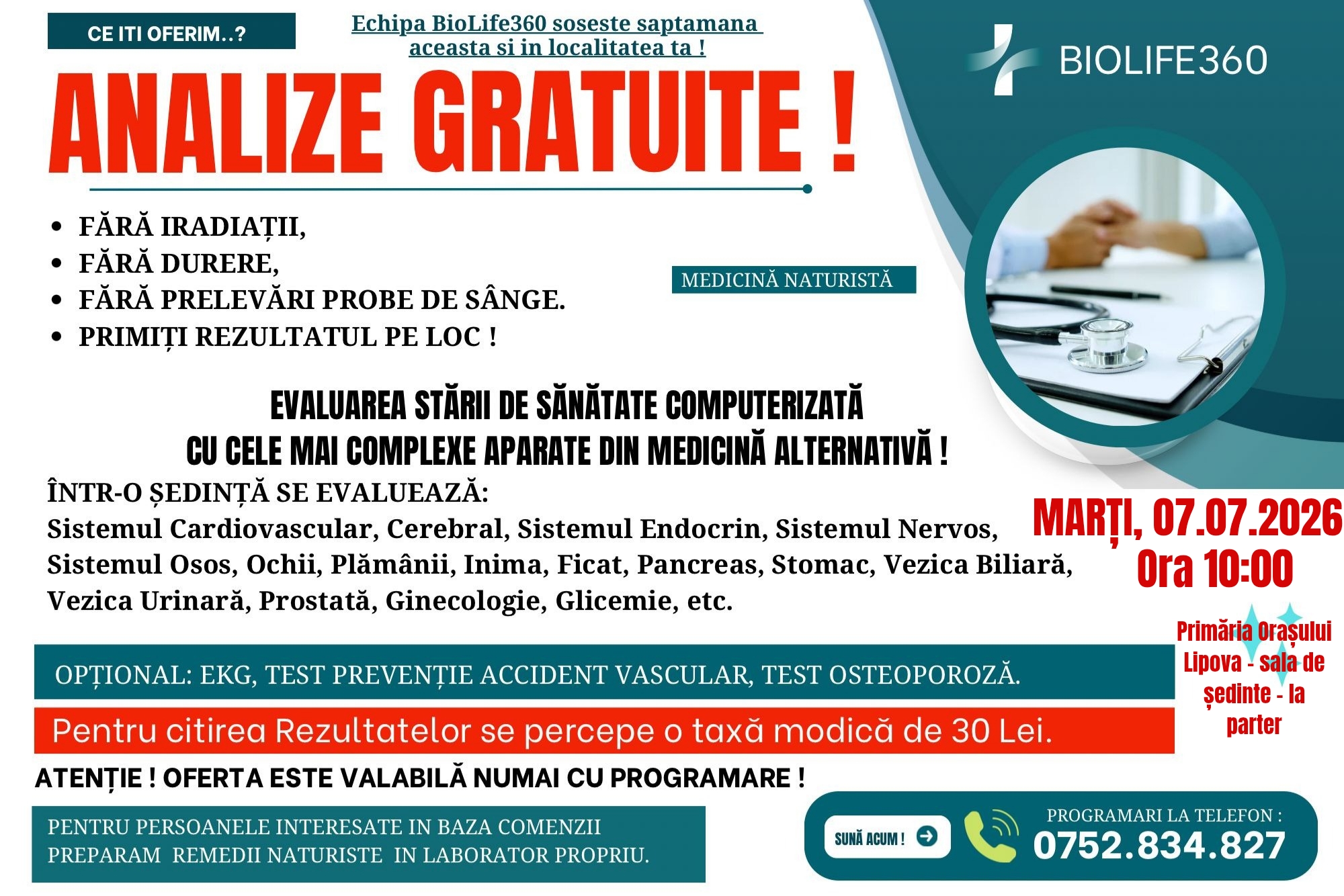 ANALIZE GRATUITE pentru cetățenii orașului Lipova, în cadrul Programului de Educație pentru Sănătate