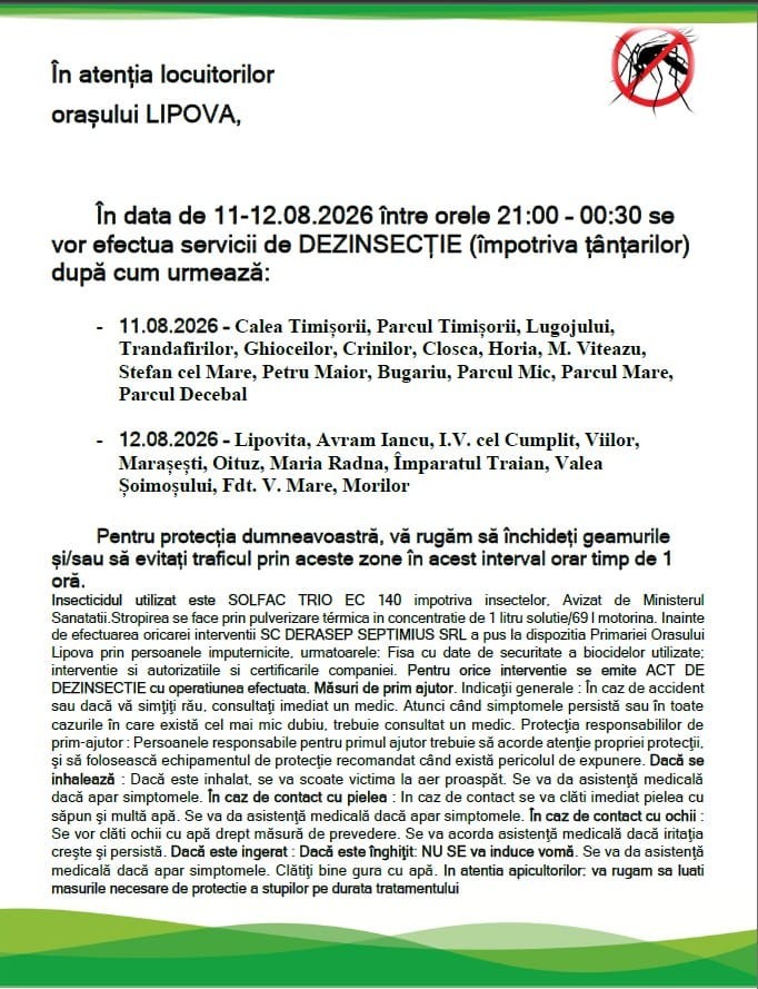 În atenția locuitorilor Orașului Lipova