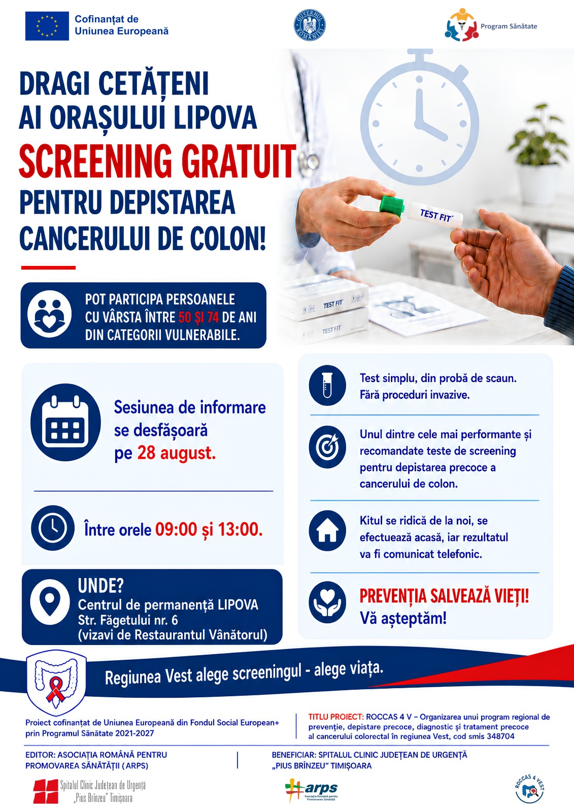 INFORMARE, în atenția cetățenilor orașului Lipova, cu vârsta cuprinsă între 50 și 74 de ani, din categorii vulnerabile, privind desfășurarea unei CAMPANII GRATUITE DE SCREENING, pentru depistarea cancerului de colon. Categoriile vulnerabile sunt descrise în Anexa atașată acestui anunț